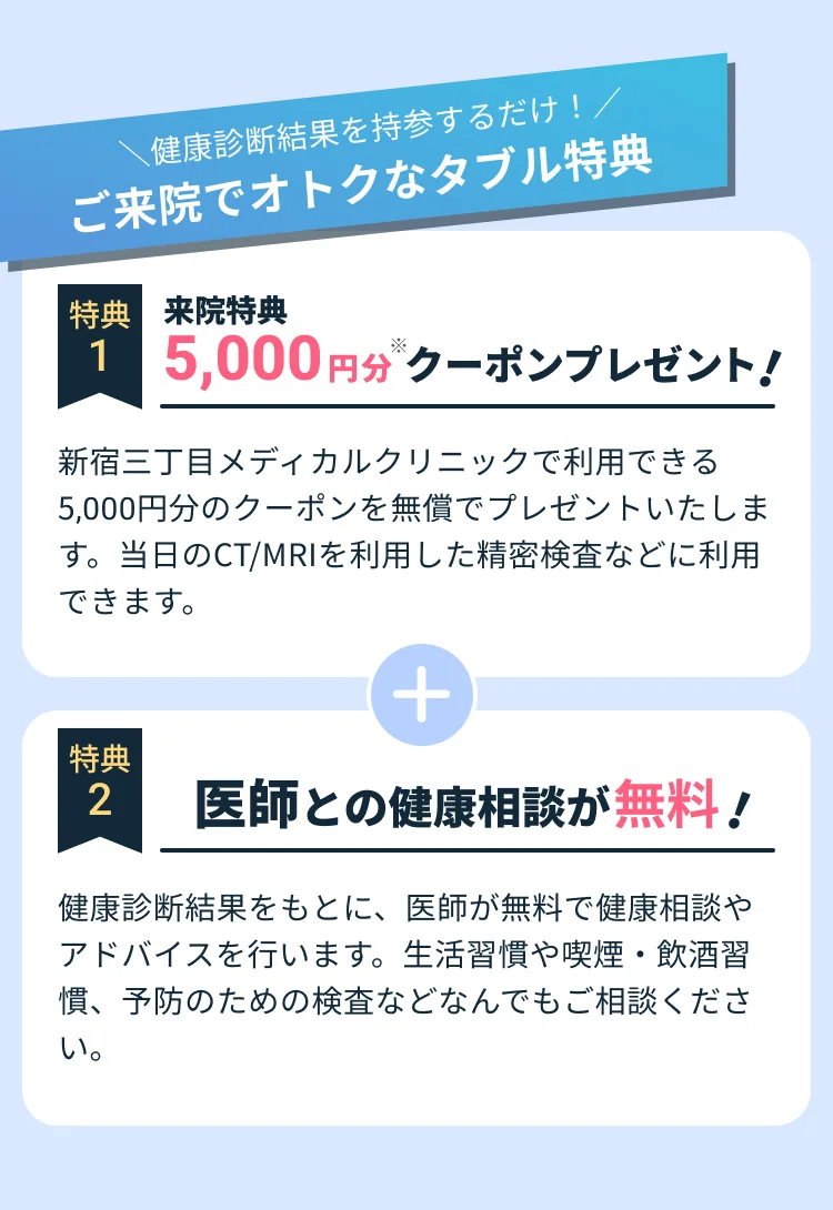 ＼健康診断結果を持参するだけ！／ご来院でオトクなダブル特典　特典1来院特典5,000円分クーポンプレゼント！　特典2医師との健康相談が無料！